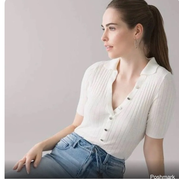 Nwt White House Black Market short sleeve button front collar pullover xs - Picture 1 of 3